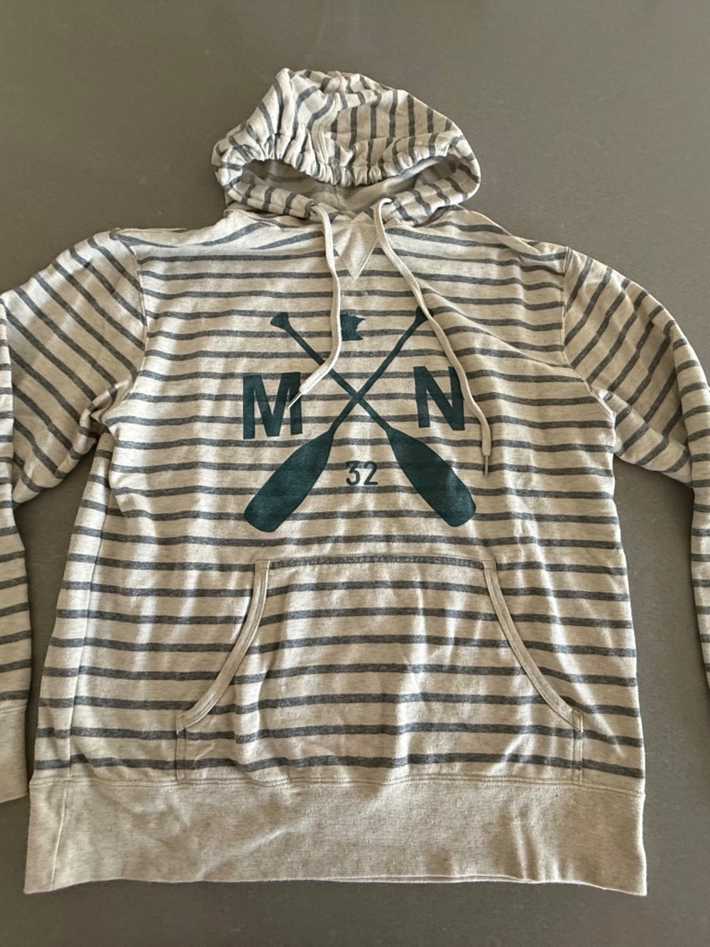 Women's Large Sota Clothing Stripe Paddle Logo Striped Cream and Teal Hoodie EUC